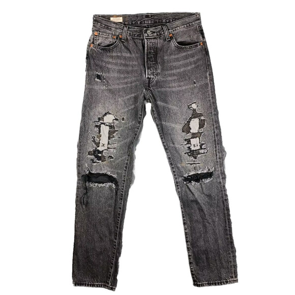 Levis 501 54 Deconstructed Jeans Men 33x32 Black Distressed Taper Button Fly - Picture 1 of 16